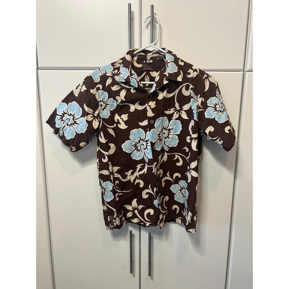Quiksilver Boys XL 20 Brown Blue Hibiscus Floral Hawaiian‎ Shirt Short Sleeve